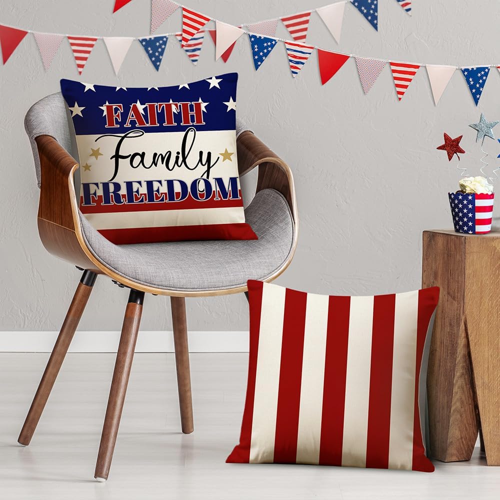 4th of July Pillow Covers – 18"x18" Patriotic Throw Pillow Cases with Stripes, Stars & "God Bless America" Design, Independence Day & Memorial Day Decorations, Set of 4 for Sofa, Couch, or Chair